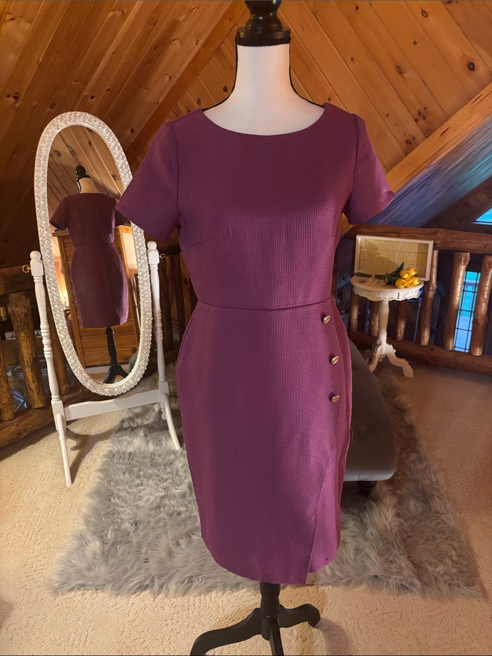 Plum Midi Sheath Dress with Side Button Detail